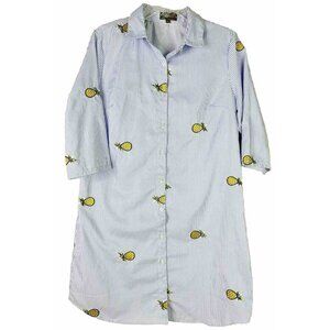 Pineapple Embroidered Blue White Stripe Large Button Down Collar Shirt Tunic EUC